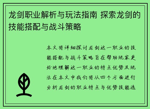 龙剑职业解析与玩法指南 探索龙剑的技能搭配与战斗策略